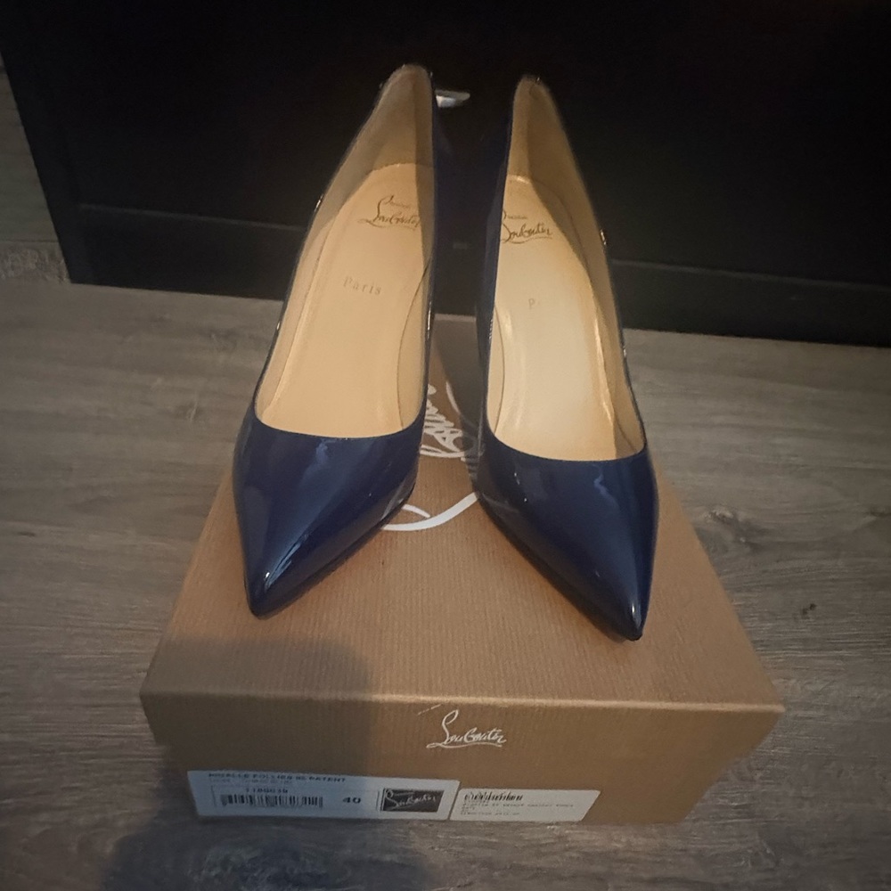 Christian Louboutin Pigalle Follies 100 Navy Patent Pointed Toe Pumps -